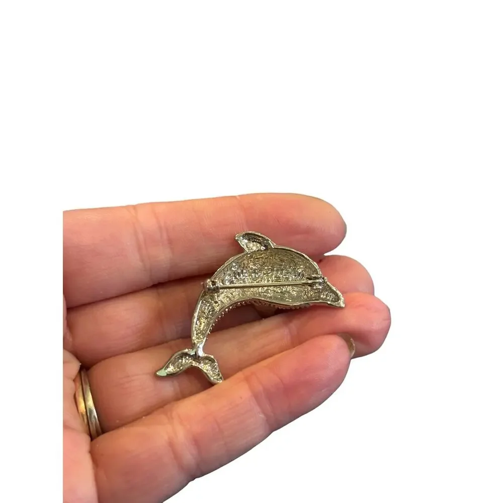 Vintage Leaping Dolphin Brooch Textured Silver Tone Ocean Coastal Nautical Pin